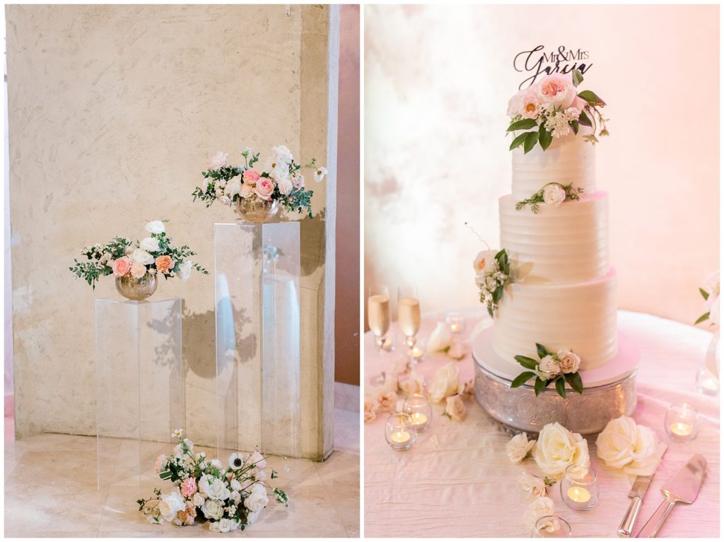 Pink wedding flowers and white 3 tier wedding with ink flowers